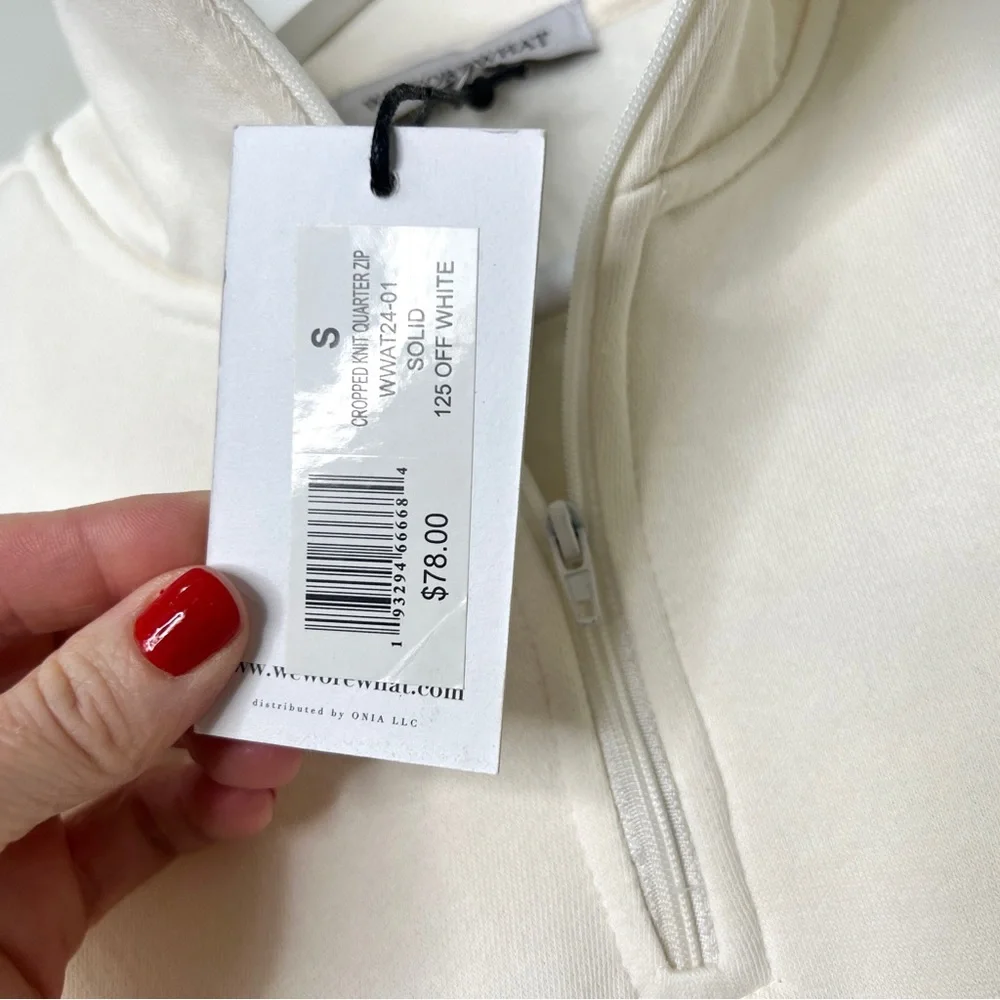 New WEWOREWHAT Women’s Oversized Cropped Cotton Blend 1/4 Zip Sweatshirt Cream S - Picture 11 of 13